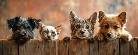 The picture of front view and close up of the multiple group of the various cat and dog in front of the wood object background that look back to the camera with the curious and interest face. AIGX03.の素材