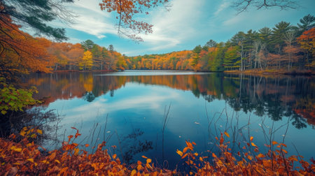 Vibrant fall foliage reflects on the still waters of a forest lake, creating a tapestry of autumn colors in a tranquil natural setting. Resplendent.の素材