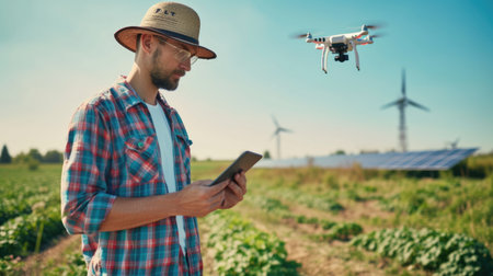 A man in a natural landscape holds a tablet while a drone hovers in the sky above a grassland with windmills and plants. AIG41の素材