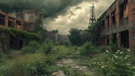 A fiery sunset looms over the ruins of an abandoned industrial factory, where nature slowly encroaches upon man-made structures. Resplendent.の素材