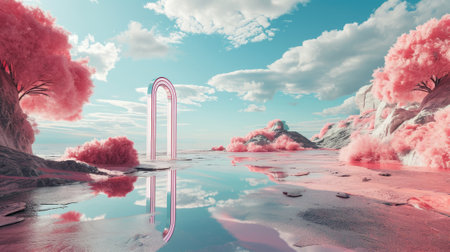 The metallic portal in the middle of the clear river that connected to the ocean that has surrounded with the bright blue cloudy sky and the pink desert with the pink tree and pink mountain. AIGX03.の素材