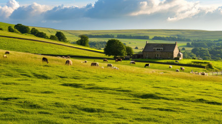 A serene landscape showcasing a rustic farmhouse with a red roof, surrounded by green pastures and grazing cattle under a dramatic stormy sky. Resplendent.の素材