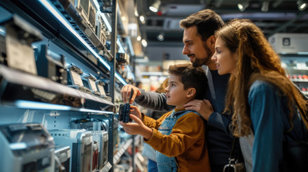 A family is exploring books at a library, having fun and browsing through various genres. They discuss different patterns, travel, and art concepts. AIG41の素材
