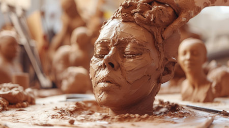 Using water and clay, the artist crafts a sculpture of a mans head, focusing on the jaw for an intricate carving. This art form dates back to ancient history. AIG41の素材