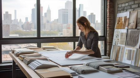 An interior designer is absorbed in evaluating various fabric samples spread across her studio table, with a backdrop of the cityscape outside. AIG41の素材