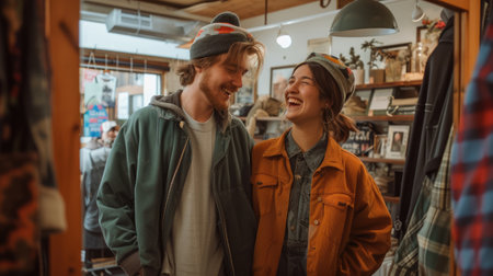 In the crowded city store, under the dim street lights, a man and a woman exchange smiles, creating an artful moment of connection. AIG41の素材