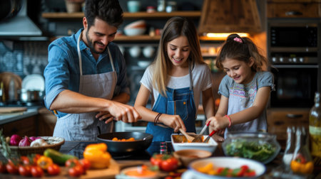 A family is happily cooking and bonding in the kitchen, sharing natural foods and ingredients, while enjoying leisure time together. AIG41の素材