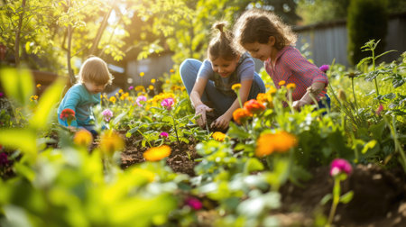 A boy and a girl happily picking flowers in a natural environment, sharing a joyful moment amidst the plant-filled garden. AIG41の素材