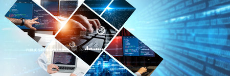 Computer programming, coding and AI artificial intelligence software development engaged by skilled...