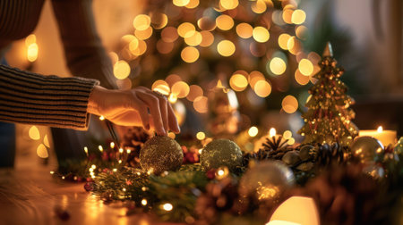 The picture of the family member is setting up holiday decorations, with the focus on their hands and the festive decor of christmas holiday, creating warm atmosphere with home cozy lighting. AIG43.の素材