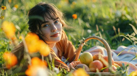 The picture of the person relaxing at the green grass field surrounded with the nature under the sunlight of the bright day of spring, the picnic is activity to relaxing,socializing and eating. AIG43.の素材