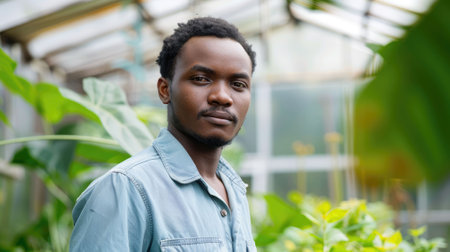 The picture of the african american male young entrepreneur is standing inside greenhouse, the entrepreneur require skill like creativity, leadership, financial management, sales and marketing. AIG43.の素材