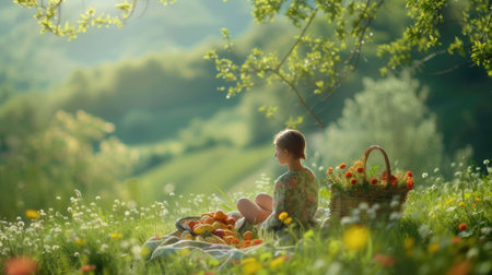 The picture of the person relaxing at the green grass field surrounded with the nature under the sunlight of the bright day of spring, the picnic is activity to relaxing,socializing and eating. AIG43.の素材