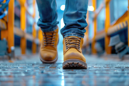 The close up picture view of the engineer is working inside the factory and focus on the boots, the engineer require skill like the technical experience, management and the communication skill. AIG43.の素材