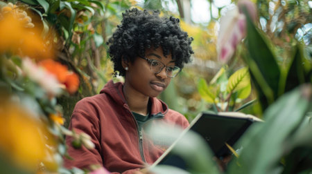 The picture of the botanist holding the book and pen inside the greenhouse has been surrounded with the green tree and plant, the botanist require skill like plant identification and knowledge. AIG43.の素材