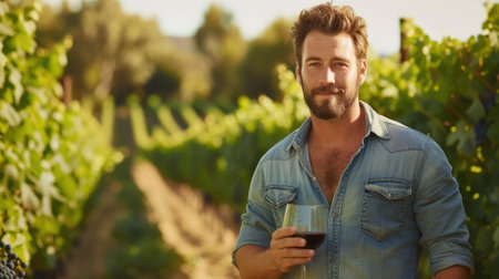 The picture of the winemaker is holding the wineglass that has been filled with wine inside the grape yard garden, the wine making job require experience and the knowledge about grape and wine. AIG43.の素材