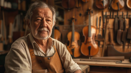 The picture of the violin maker inside the workshop for making or repairing the musical instrument created from wood called violin that must use woodworking skill to work in this occupation. AIG43.の素材