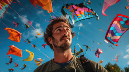 The picture of the kite designer that has been surrounded with the various colourful design of the kite, the kite designer require skill like creative, crafting skill, design skill, knowledge. AIG43.の素材