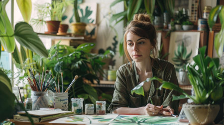 The picture of the drawing artist in the studio that drawing the artwork of the tree and plant, the drawing artist require skills like creativity, plant anatomy knowledge and drawing technique. AIG43.の素材