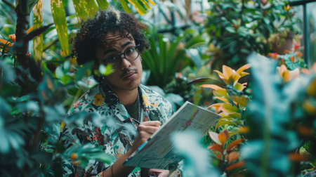 The picture of the botanist holding the book and pen inside the greenhouse has been surrounded with the green tree and plant, the botanist require skill like plant identification and knowledge. AIG43.の素材