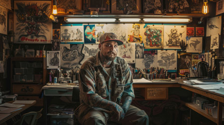 The picture of the tattoo artist is working inside the workshop that has been filled with various tattoo, the tattoo artist require skill like safety, creativity and tattoo painting technique. AIG43.の素材