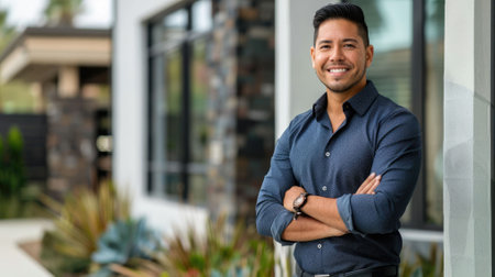 The picture of hispanic real estate man with confident is standing outside near the building, the real estate require skill marketing, negotiation, communication, experience, legal knowledge. AIG43.の素材