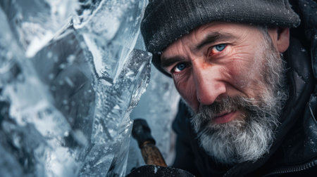 The picture of the ice sculptor holding the tool and equipment for carving the ice block or ice statue in the winter, the ice sculptor require experience in modeling the ice and precision tool. AIG43.の素材