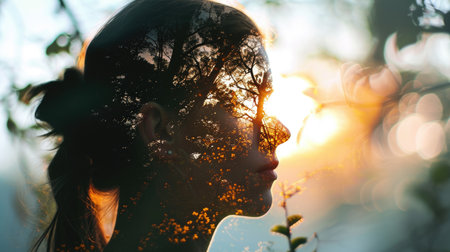 The closeup double exposure picture between young adult beautiful female caucasian human and bright beautiful nature in the morning or evening that the picture stand for peaceful of the life. AIGX01.の素材