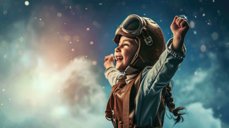 The side view of the picture that has the child flying into the bright sky with the aviator costume and the pair of goggles under the bright light of the bright sun with the happy smile face. AIGX03.の素材