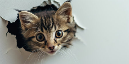 Close up view picture of the hollow white hole on the the wall that show the cat stay inside the wall that has been made from some material yet still can be break to look through other side. AIGX03.の素材