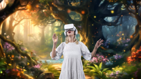 Excited girl wearing VR in living room to connect meta surround fantasy jungle neon light falling neon light magical world fairytale forest wildflower wonderland fantastic dreamy morning. Contraption.の写真素材