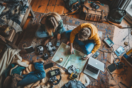 The picture of the couple young or adult caucasian human focus and looking at the map of the world in the small room that has been filled with various object under a bright sun in the daytime. AIGX03.の素材
