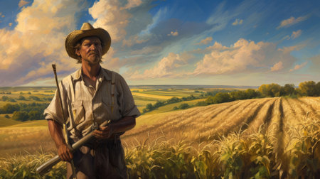 Portrait of young skilled farmer working at rice field sunset with golden ray. Smart agricultural people or researcher checking his crop while standing at farm. Agriculture sustainable concept. AIG42.の素材