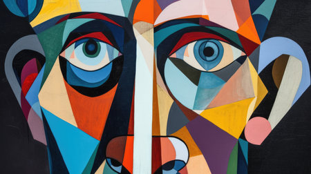 An abstract portrait of middle aged people with wrinkle on face in cubism art. Close up fashionable old man with vibrant color and artistic creative geometric shape. Focus on face concept. AIG42.の素材