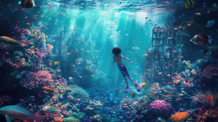 Children diving in the ocean with fantasy underwater view surrounded with vibrant color from coral and fish swimming around. Attractive elementary student exploring the world under the sea. AIG42.の素材