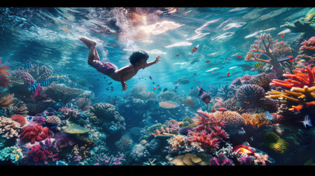 Children diving in the ocean with fantasy underwater view surrounded with vibrant color from coral and fish swimming around. Attractive elementary student exploring the world under the sea. AIG42.の素材
