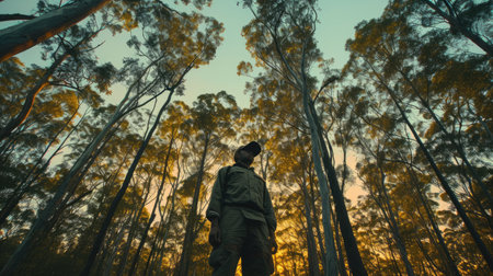 Professional smart explorer looking around and inspect at dark forest. Attractive happy adventurer walking and looking surrounded with towering tree and planning to protect green environment. AIG42.の素材