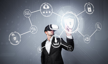 Caucasian project manager wearing VR glasses while look at hologram of security system. Smart...