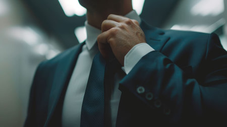 The close up picture of the person is working as businessman and adjusting necktie, the business person require skill like the management, experience, communication, negotiation and marketing. AIG43.の素材