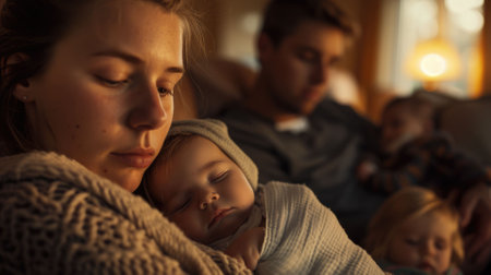 The picture of the parent is holding the newborn baby and handle with care also surrounded with family, the newborn baby require Nutrition, Care, safety, sleep, health care, love and attention. AIG43.の素材