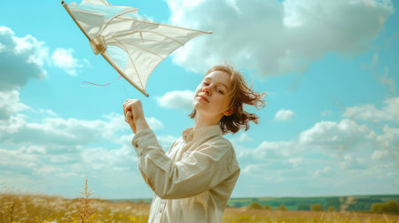 The picture of the person is playing the kite under the bright light from the sun of the clear blue sky that can be conveying the feeling of the happiness, freedom, playful and joyful emotion. AIG43.の素材