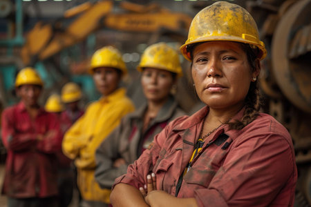 group portrait of construction workers with background of excavation machinery aigx04の素材