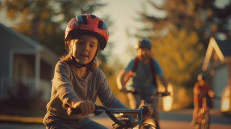 The picture of the children riding the bicycle while wearing the protection on the helmet for safety, riding the bike require skill the training, experience, balance, endurance and awareness. AIG43.の素材
