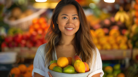 The picture of the female nutritionist is holding the basket of fruit and vegetable to preparing to making the salad, the nutritionist require skill like food knowledge and health education. AIG43.の素材