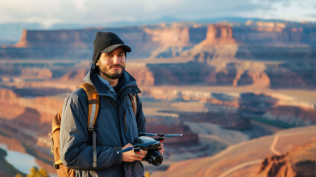 The picture of the professional drone photographer holding the drone that has been surrounded with nature landscape under sunlight, the drone photographer require much experience with drone. AIG43.の素材
