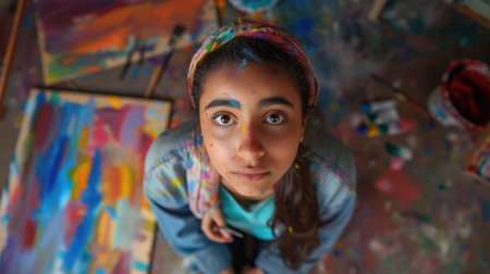 The close up picture of the woman is looking at camera inside her workshop that has been filled with various colourful colour on her background, the artist require creativity and art technique. AIG43.の素材