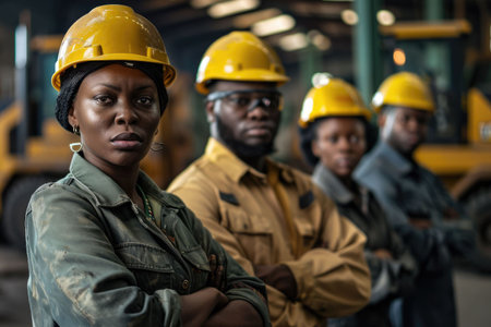 group portrait of construction workers with background of excavation machinery aigx04の素材