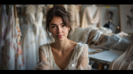 The picture of the wedding dress designer in the studio that has been filled with many wedding dress on the model, the designer require skills like fabric knowledge, creativity, fashion trends. AIG43.の素材