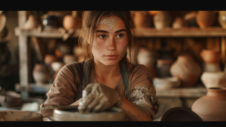 The picture of the professional potter working inside the workshop about molding the clay into the pot, the potter require skills like accuracy, experience, training and attention to detail. AIG43.の素材