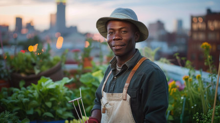 The picture of the gardener working on the rooftop inside the urban area about gardening the vegetable garden, the gardener require skill like soil management, plant knowledge and pest control. AIG43.の素材
